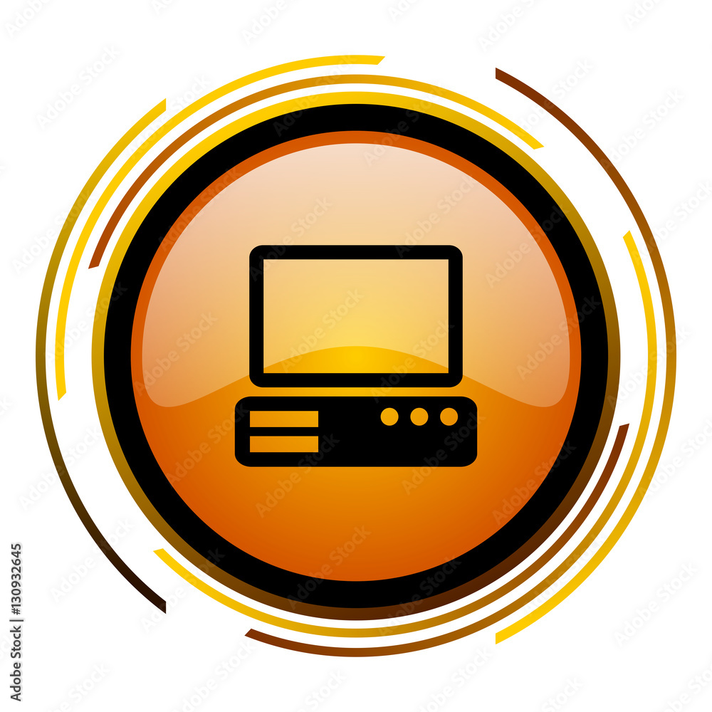 Poster Desktop sign vector icon. Modern design round orange button isolated on white square background for web and application designers in eps10.