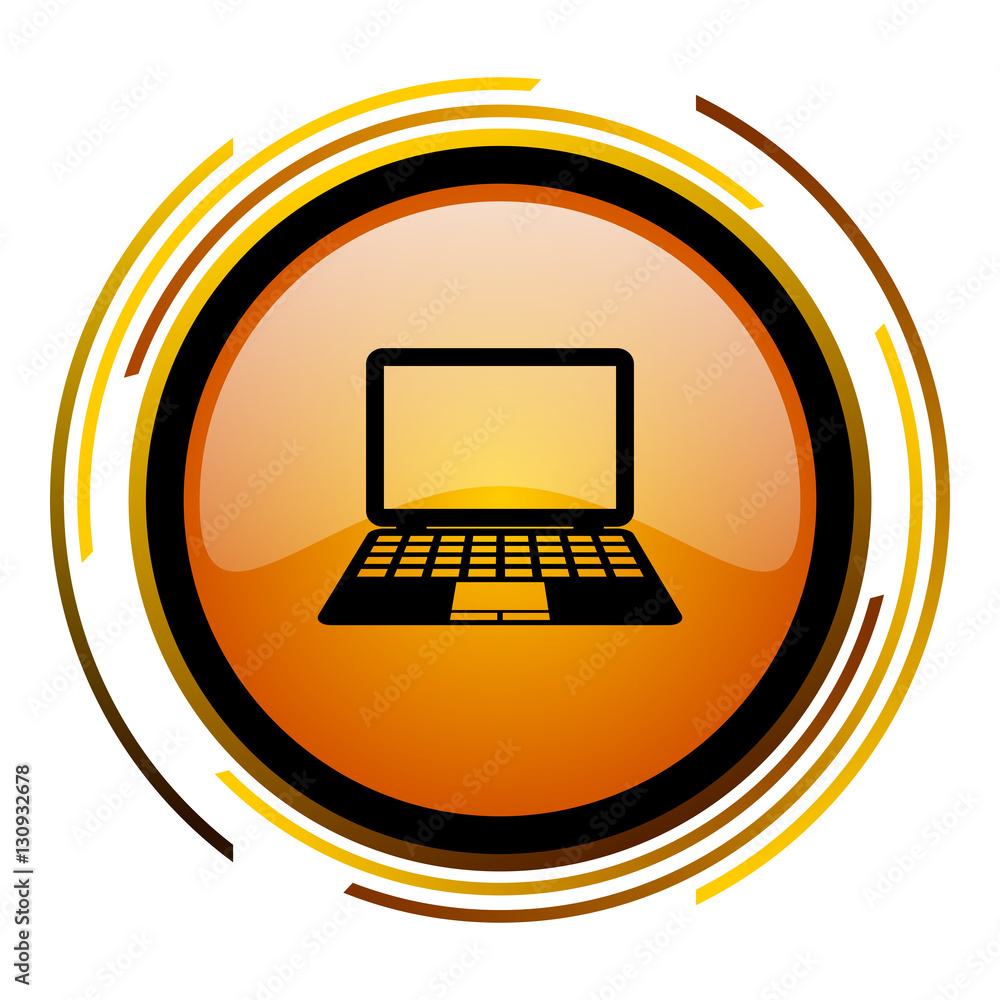 Aufkleber Laptop sign vector icon. Modern design round orange button isolated on white square background for web and application designers in eps10.