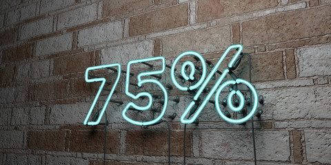 75% - Glowing Neon Sign on stonework wall - 3D rendered royalty free stock illustration.  Can be used for online banner ads and direct mailers..