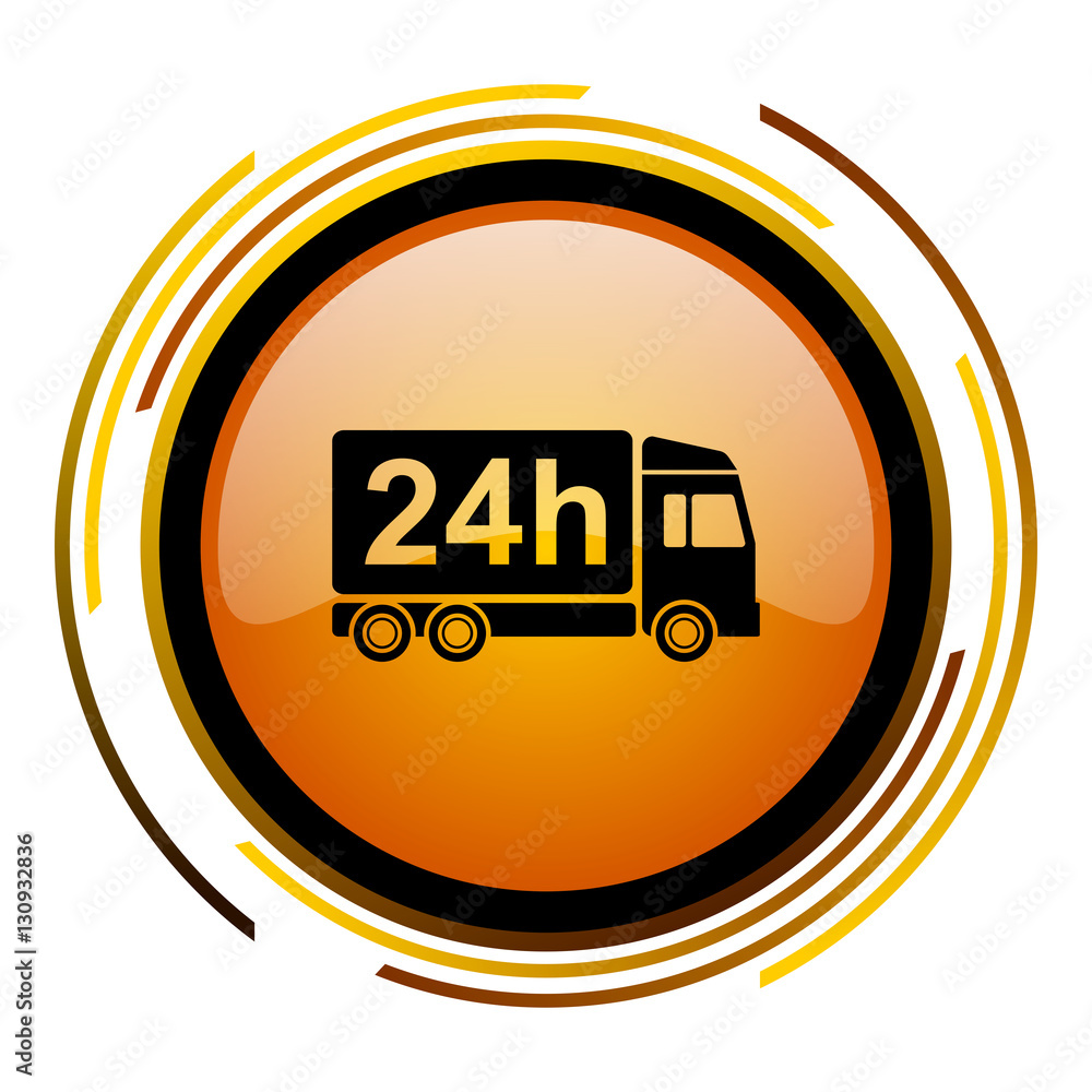 Fototapete 24 hours delivery sign vector icon. Modern design round orange button isolated on white square background for web and application designers in eps10.