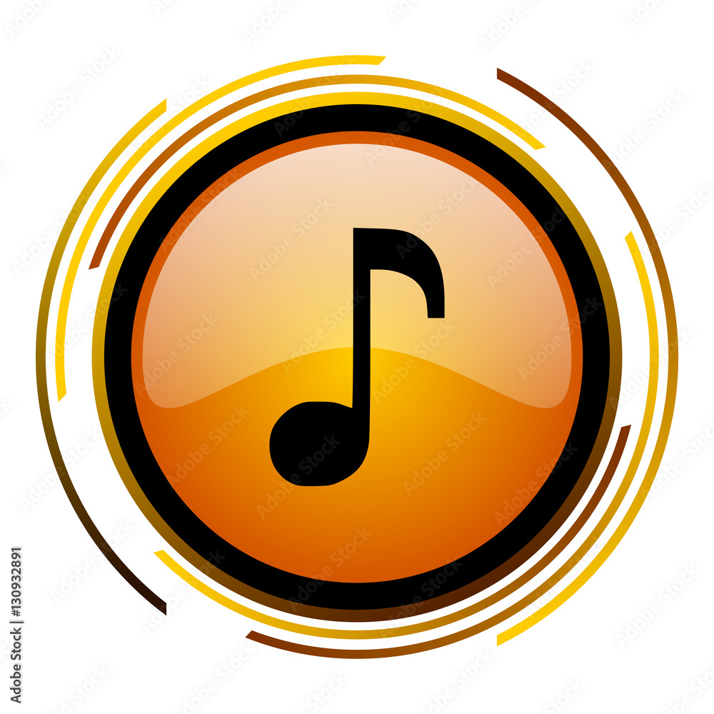Poster Music sign vector icon. Modern design round orange button isolated on white square background for web and application designers in eps10.