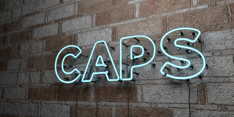 CAPS - Glowing Neon Sign on stonework wall - 3D rendered royalty free stock illustration.  Can be used for online banner ads and direct mailers..