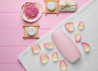 Beautiful spa composition on pink wooden background