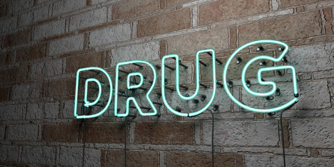 DRUG - Glowing Neon Sign on stonework wall - 3D rendered royalty free stock illustration.  Can be used for online banner ads and direct mailers..