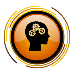 Human head sign vector icon. Modern design round orange button isolated on white square background for web and application designers in eps10.