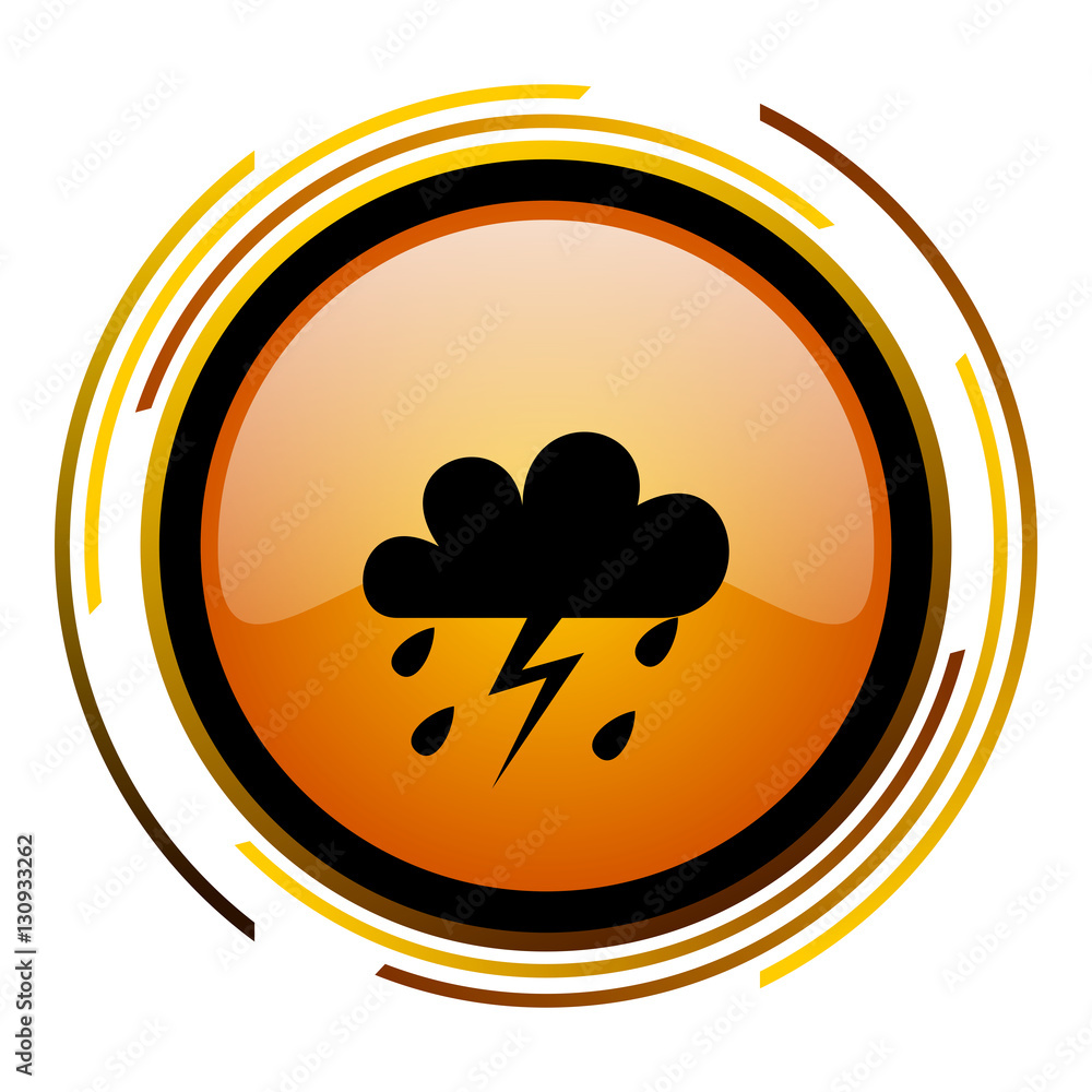 Aufkleber Weather forecast storm sign vector icon. Modern design round orange button isolated on white square background for web and application designers in eps10.