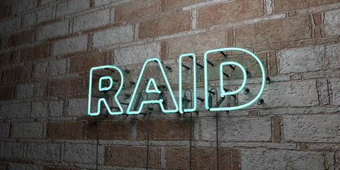 RAID - Glowing Neon Sign on stonework wall - 3D rendered royalty free stock illustration.  Can be used for online banner ads and direct mailers..