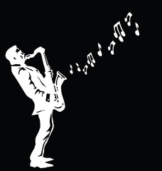 Musician playing the saxophone isolated on black background 