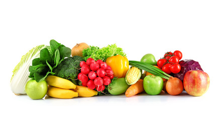 Collection of fruits and vegetables on white background