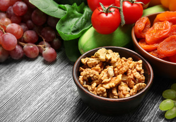 Fruits and vegetables on wooden background