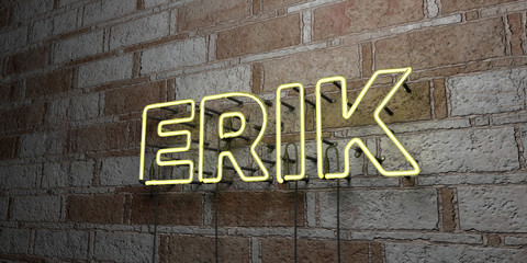 ERIK - Glowing Neon Sign on stonework wall - 3D rendered royalty free stock illustration.  Can be used for online banner ads and direct mailers..