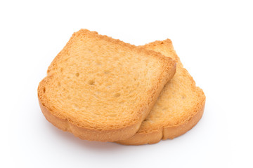 Slices of toast bread on wooden table, top view.