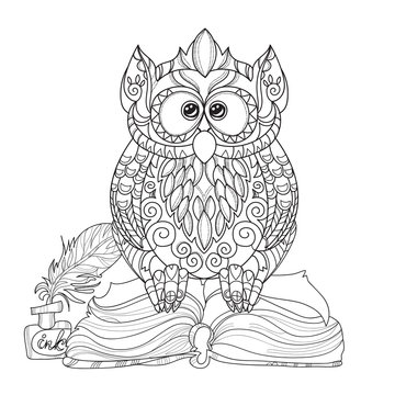 Old Owl on books- hand drawn doodle vector