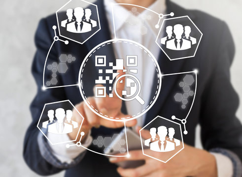 Businessman with hand pressing qr code icon with loupe. Businesswoman presses QR code sign. Girl makes a purchase online by scanning qrcode. Web, internet shop, barcode, business, technology, search. - Powered by Adobe