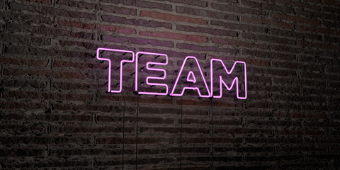 TEAM -Realistic Neon Sign on Brick Wall background - 3D rendered royalty free stock image. Can be used for online banner ads and direct mailers..
