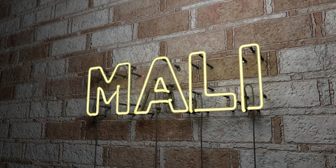 MALI - Glowing Neon Sign on stonework wall - 3D rendered royalty free stock illustration.  Can be used for online banner ads and direct mailers..