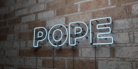 POPE - Glowing Neon Sign on stonework wall - 3D rendered royalty free stock illustration.  Can be used for online banner ads and direct mailers..