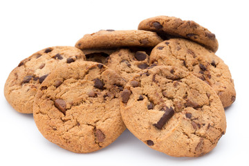 Chocolate chip cookies isolated on white background.