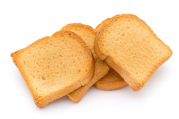 Slices of toast bread on wooden table, top view.