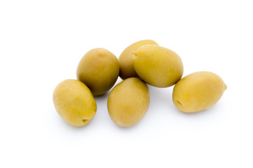 Green big olives on the white background.