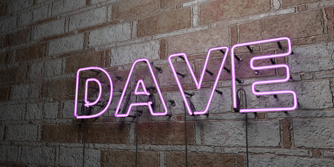 DAVE - Glowing Neon Sign on stonework wall - 3D rendered royalty free stock illustration.  Can be used for online banner ads and direct mailers..