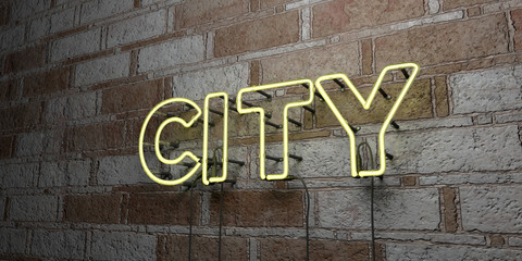 CITY - Glowing Neon Sign on stonework wall - 3D rendered royalty free stock illustration.  Can be used for online banner ads and direct mailers..