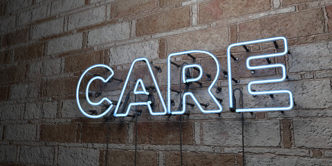 CARE - Glowing Neon Sign on stonework wall - 3D rendered royalty free stock illustration.  Can be used for online banner ads and direct mailers..