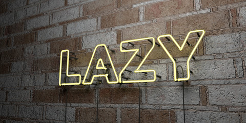 LAZY - Glowing Neon Sign on stonework wall - 3D rendered royalty free stock illustration.  Can be used for online banner ads and direct mailers..