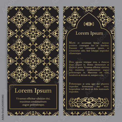 "Vector banners in black and gold colors." Stock image and royalty-free