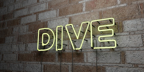 DIVE - Glowing Neon Sign on stonework wall - 3D rendered royalty free stock illustration.  Can be used for online banner ads and direct mailers..