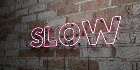SLOW - Glowing Neon Sign on stonework wall - 3D rendered royalty free stock illustration.  Can be used for online banner ads and direct mailers..