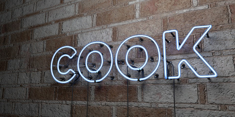 COOK - Glowing Neon Sign on stonework wall - 3D rendered royalty free stock illustration.  Can be used for online banner ads and direct mailers..