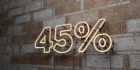 45% - Glowing Neon Sign on stonework wall - 3D rendered royalty free stock illustration.  Can be used for online banner ads and direct mailers..