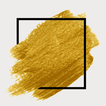 Gold paint in black square. Brush strokes for the background of poster.