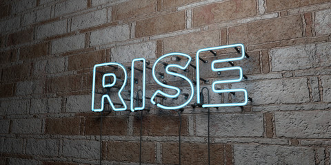 RISE - Glowing Neon Sign on stonework wall - 3D rendered royalty free stock illustration.  Can be used for online banner ads and direct mailers..