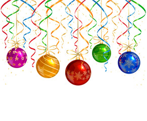 Christmas balls with holiday decorations on white background