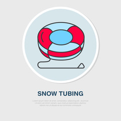 Vector thin line icon of snow tubing. Winter recreation equipment rent logo. Outline symbol, cold season activities sign.