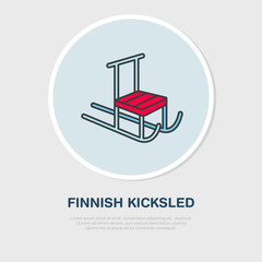 Vector thin line icon of kicksled. Winter recreation equipment rent logo. Outline symbol of finnish kick sled. Cold season activities, sleigh sign.