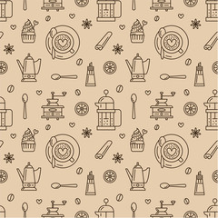 Seamless pattern of coffee, vector background. Repeated beige texture for coffee shop wrapping paper. Cute beverages, hot drinks icons, can be used for restaurant menu