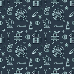Seamless pattern of coffee, vector background. Repeated blue texture for coffee shop wrapping paper. Cute beverages, hot drinks icons, can be used for restaurant menu
