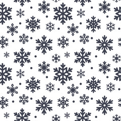 Seamless pattern of winter snowflakes, vector background. Repeated texture for surface, wrapping paper. Cute snow flakes icons, can be used for packaging, cards, banners design