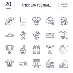 Vector line icons of american football game. Elements - ball, field, player, helmet, bullhorn. Linear signs set, football championship pictogram with editable stroke for sport event, fan store © nadiinko