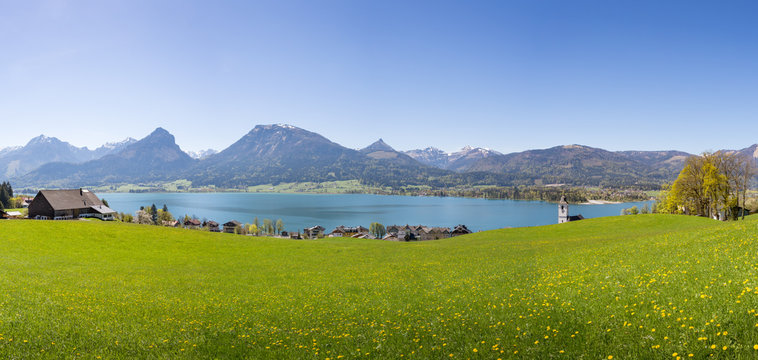 Panoramic view over St. Wolfgang with Wolfgangsee lake, Salzkammergut, Austria