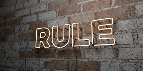 RULE - Glowing Neon Sign on stonework wall - 3D rendered royalty free stock illustration.  Can be used for online banner ads and direct mailers..