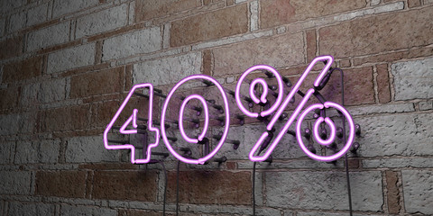 40% - Glowing Neon Sign on stonework wall - 3D rendered royalty free stock illustration.  Can be used for online banner ads and direct mailers..
