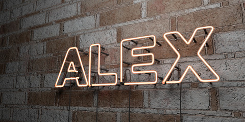 ALEX - Glowing Neon Sign on stonework wall - 3D rendered royalty free stock illustration.  Can be used for online banner ads and direct mailers.. - obrazy, fototapety, plakaty