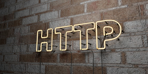 HTTP - Glowing Neon Sign on stonework wall - 3D rendered royalty free stock illustration.  Can be used for online banner ads and direct mailers..