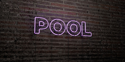 POOL -Realistic Neon Sign on Brick Wall background - 3D rendered royalty free stock image. Can be used for online banner ads and direct mailers..