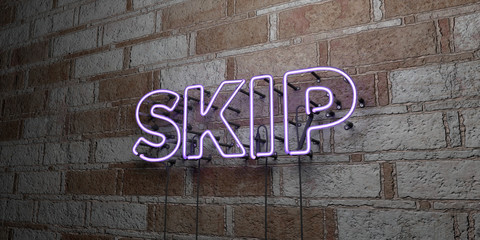 SKIP - Glowing Neon Sign on stonework wall - 3D rendered royalty free stock illustration.  Can be used for online banner ads and direct mailers..
