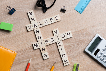 Conceptual business keywords on table with elements of game making crossword